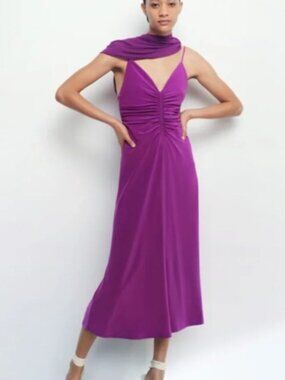 Zara Purple V-Neck Ruched Midi Dress Size Large